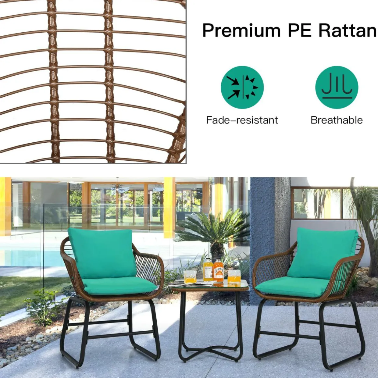 3 Pieces Patio Bistro Set, Patiojoy Outdoor PE Rattan Armchairs and Coffee Table Set with Comfortable Cushions & Adjustable Foot Pads