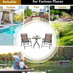 3 Pieces Patio Bistro Set, Outdoor Folding Chairs & Table Set with Tempered Glass Tabletop & Umbrella Hole