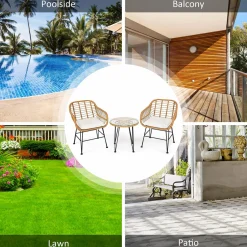 3 Pieces Patio Bistro Set, Rattan Conversation Set with 2 Cushioned Armchairs & Round Glass Coffee Table