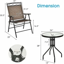 3 Pieces Patio Bistro Set, Outdoor Folding Chairs & Table Set with Tempered Glass Tabletop & Umbrella Hole