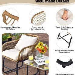 3 Pieces Patio Bistro Set, All Weather Rattan Conversation Set