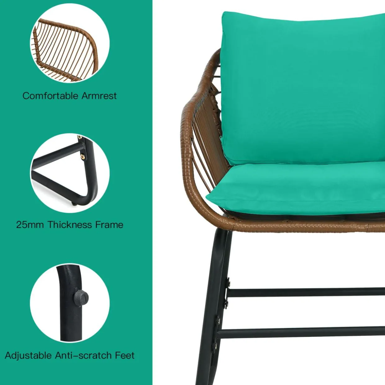 3 Pieces Patio Bistro Set, Patiojoy Outdoor PE Rattan Armchairs and Coffee Table Set with Comfortable Cushions & Adjustable Foot Pads