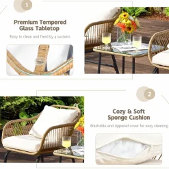 3 Pieces Patio Bistro Set, All Weather Rattan Conversation Set