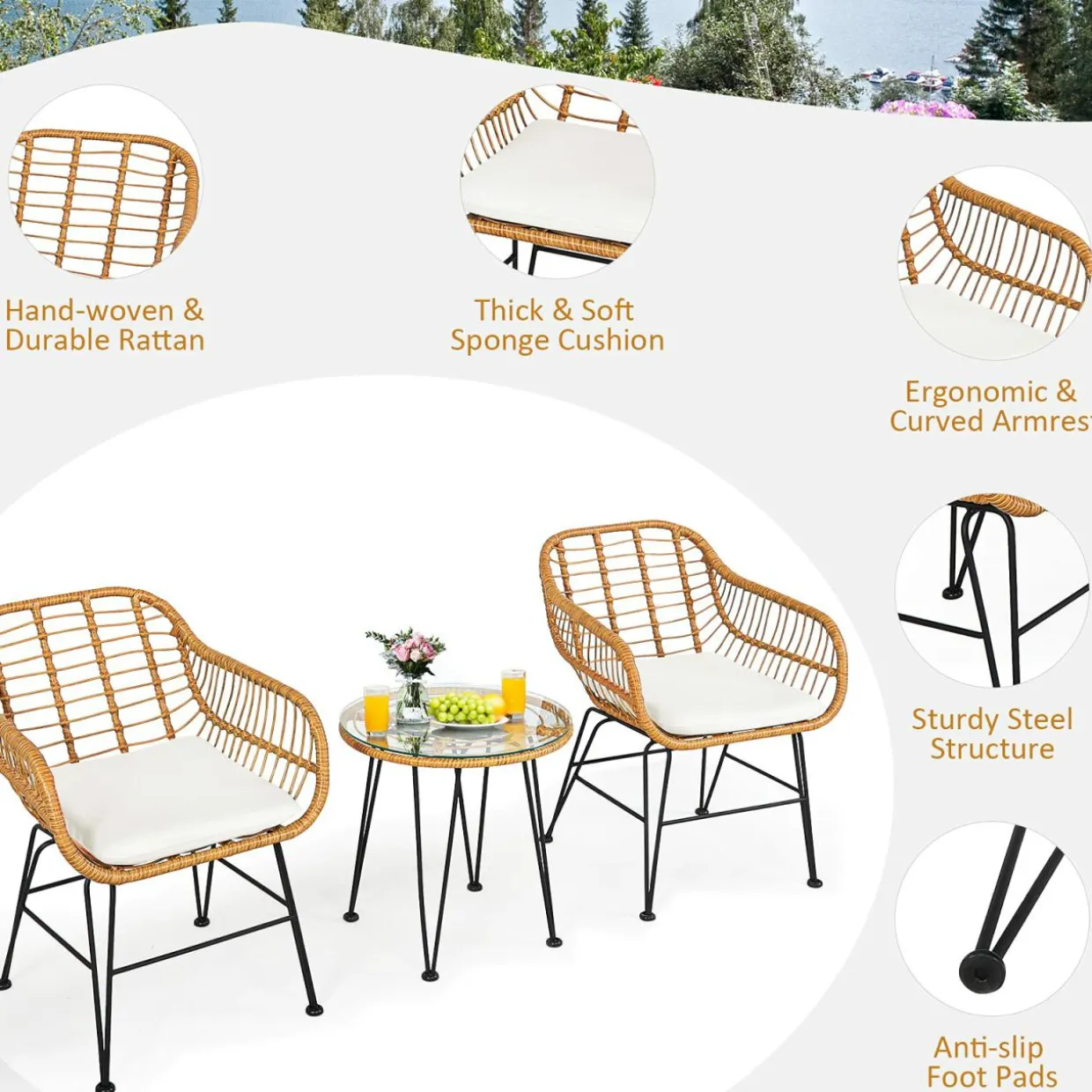 3 Pieces Patio Bistro Set, Rattan Conversation Set with 2 Cushioned Armchairs & Round Glass Coffee Table
