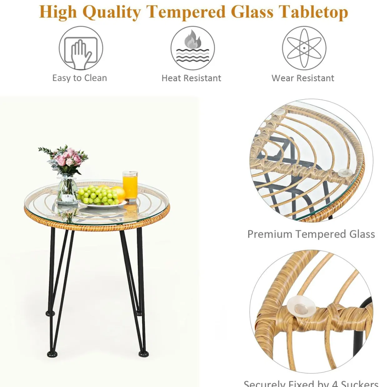 3 Pieces Patio Bistro Set, Rattan Conversation Set with 2 Cushioned Armchairs & Round Glass Coffee Table