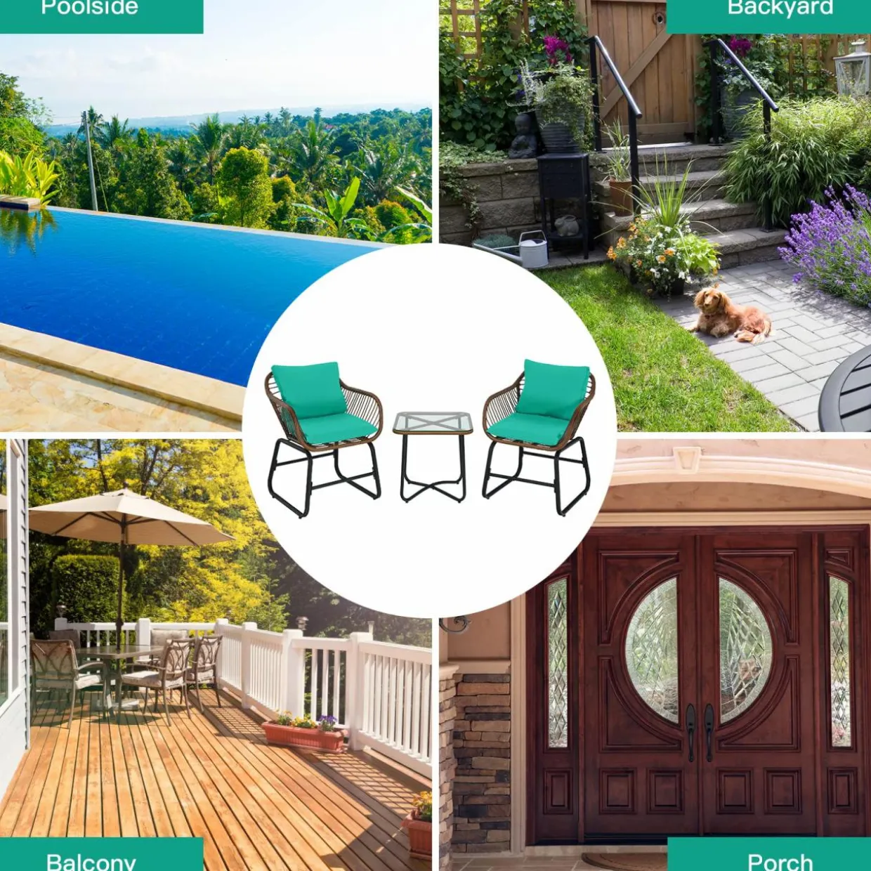 3 Pieces Patio Bistro Set, Patiojoy Outdoor PE Rattan Armchairs and Coffee Table Set with Comfortable Cushions & Adjustable Foot Pads