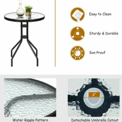 3 Pieces Patio Bistro Set, Outdoor Folding Chairs & Table Set with Tempered Glass Tabletop & Umbrella Hole