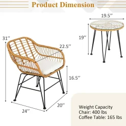 3 Pieces Patio Bistro Set, Rattan Conversation Set with 2 Cushioned Armchairs & Round Glass Coffee Table