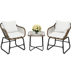 3 Pieces Patio Bistro Set, Patiojoy Outdoor PE Rattan Armchairs and Coffee Table Set with Comfortable Cushions & Adjustable Foot Pads