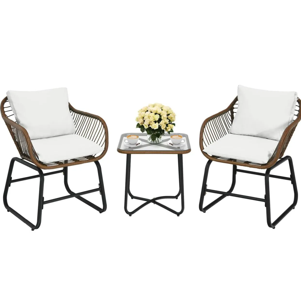 3 Pieces Patio Bistro Set, Patiojoy Outdoor PE Rattan Armchairs and Coffee Table Set with Comfortable Cushions & Adjustable Foot Pads