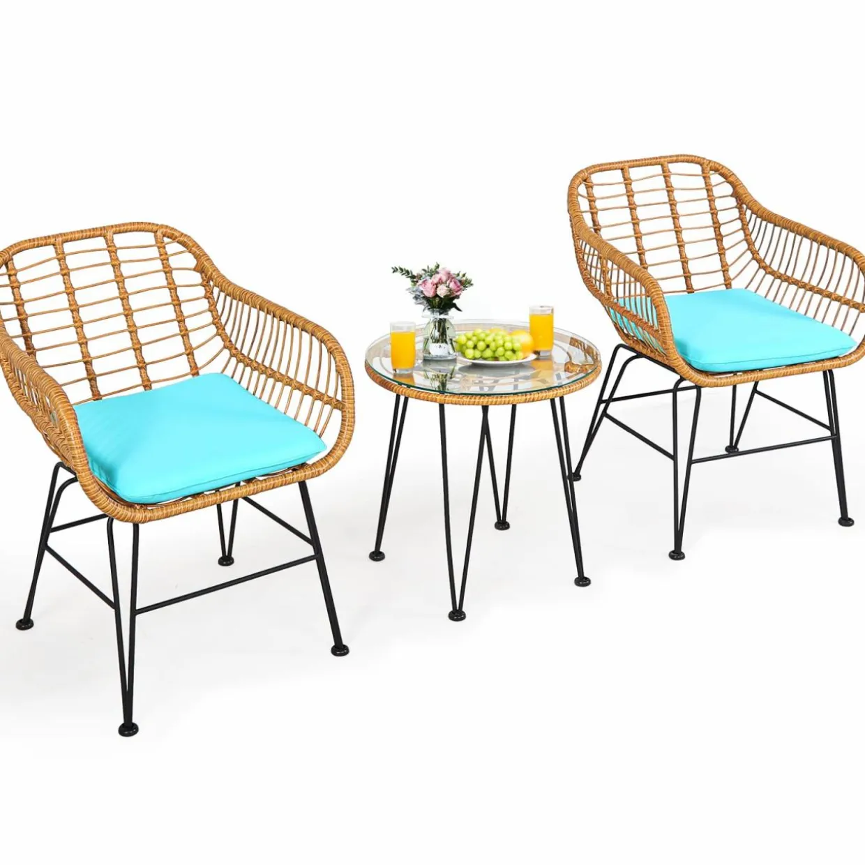 3 Pieces Patio Bistro Set, Rattan Conversation Set with 2 Cushioned Armchairs & Round Glass Coffee Table