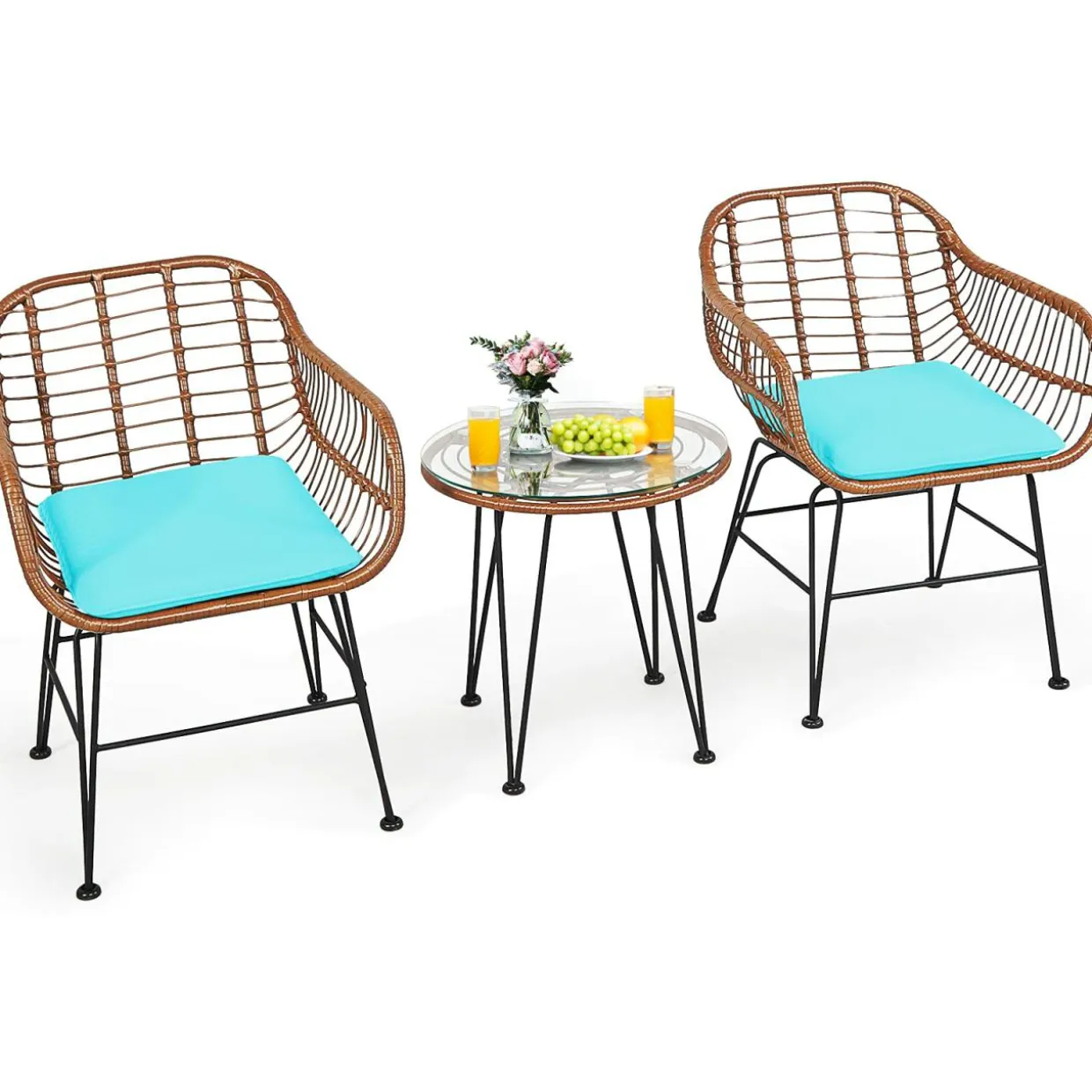 3 Pieces Patio Conversation Bistro Set, Outdoor Wicker Furniture w/Round Tempered Glass Top Table & 2 Rattan Armchairs