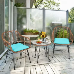 3 Pieces Patio Conversation Bistro Set, Outdoor Wicker Furniture w/Round Tempered Glass Top Table & 2 Rattan Armchairs