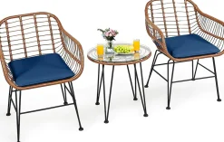 3 Pieces Patio Conversation Bistro Set, Outdoor Wicker Furniture w/Round Tempered Glass Top Table & 2 Rattan Armchairs
