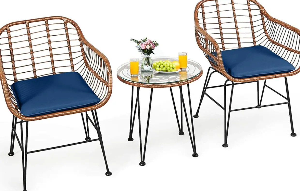 3 Pieces Patio Conversation Bistro Set, Outdoor Wicker Furniture w/Round Tempered Glass Top Table & 2 Rattan Armchairs