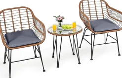 3 Pieces Patio Conversation Bistro Set, Outdoor Wicker Furniture w/Round Tempered Glass Top Table & 2 Rattan Armchairs