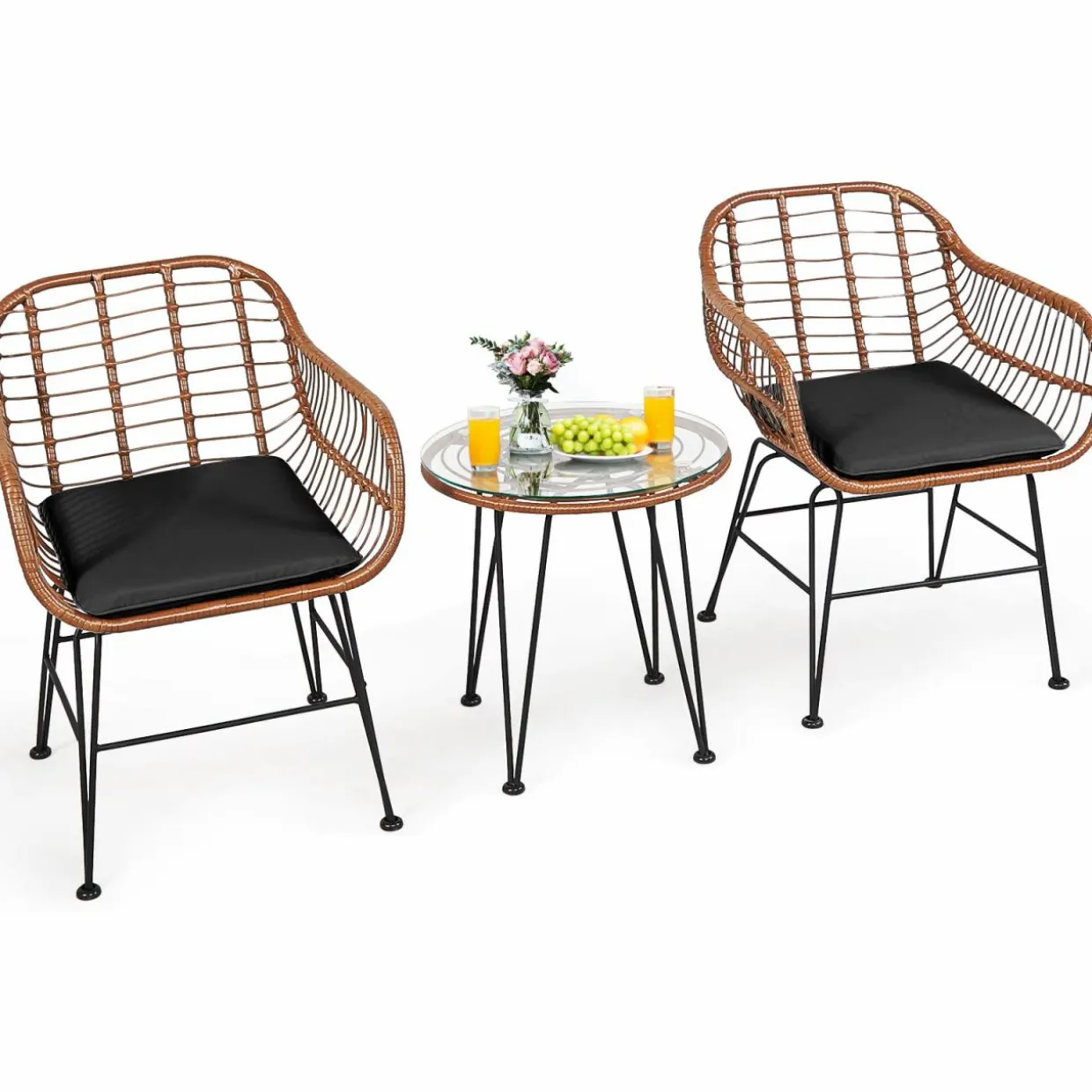 3 Pieces Patio Conversation Bistro Set, Outdoor Wicker Furniture w/Round Tempered Glass Top Table & 2 Rattan Armchairs