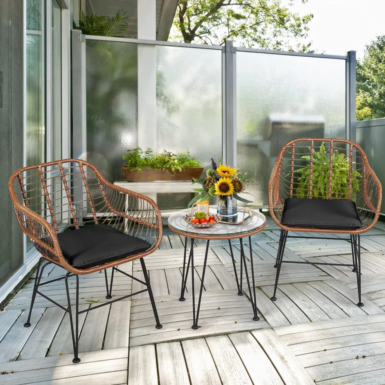 3 Pieces Patio Conversation Bistro Set, Outdoor Wicker Furniture w/Round Tempered Glass Top Table & 2 Rattan Armchairs