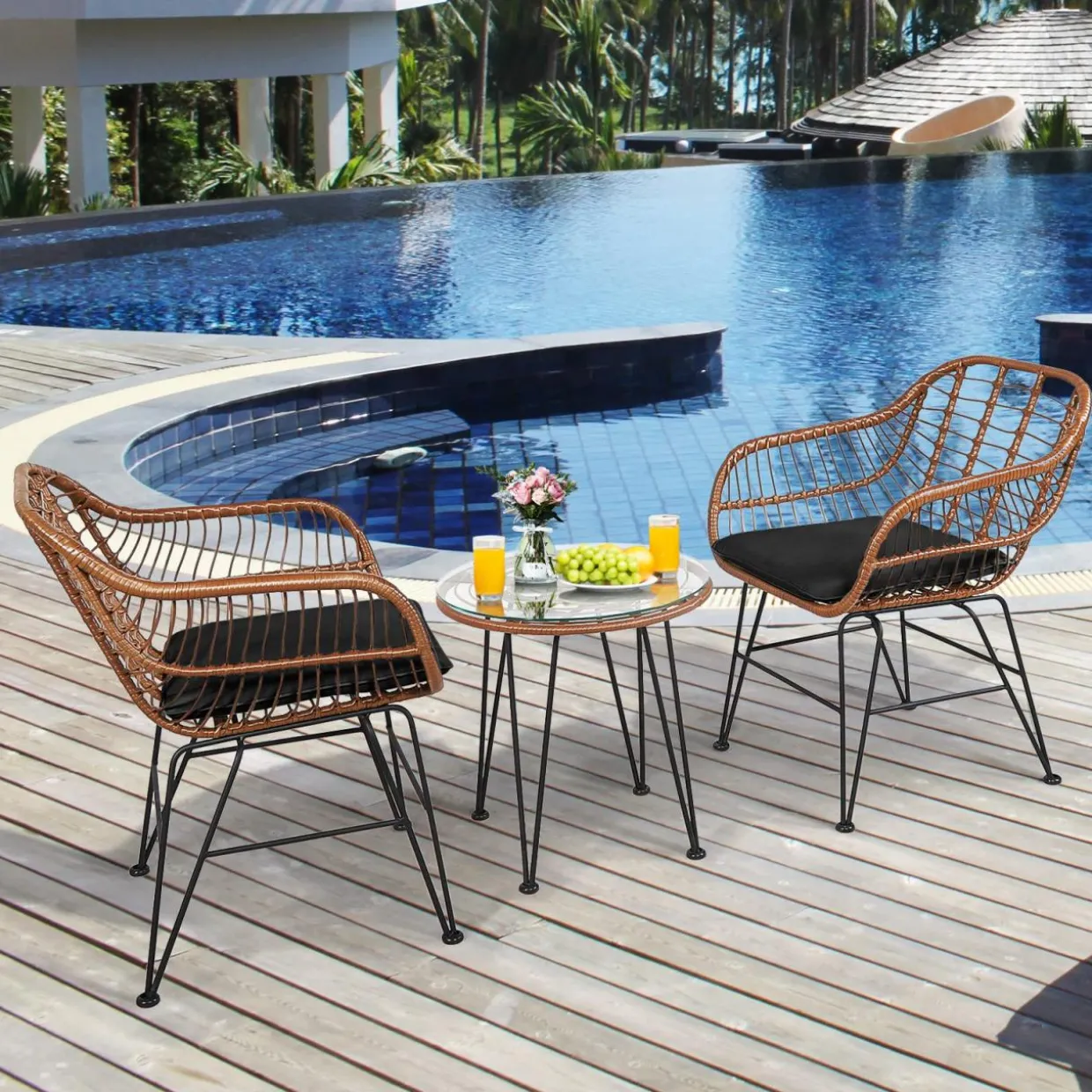 3 Pieces Patio Conversation Bistro Set, Outdoor Wicker Furniture w/Round Tempered Glass Top Table & 2 Rattan Armchairs