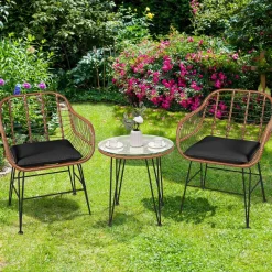 3 Pieces Patio Conversation Bistro Set, Outdoor Wicker Furniture w/Round Tempered Glass Top Table & 2 Rattan Armchairs
