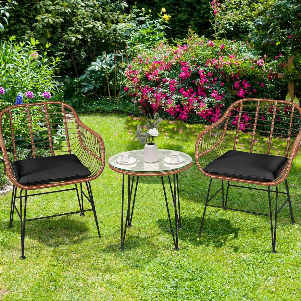 3 Pieces Patio Conversation Bistro Set, Outdoor Wicker Furniture w/Round Tempered Glass Top Table & 2 Rattan Armchairs