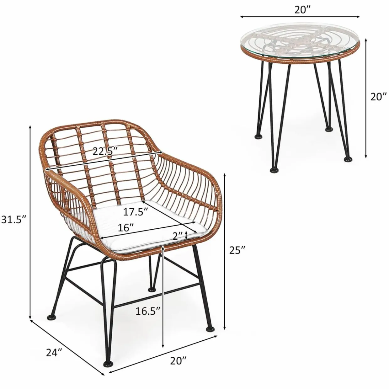 3 Pieces Patio Conversation Bistro Set, Outdoor Wicker Furniture w/Round Tempered Glass Top Table & 2 Rattan Armchairs