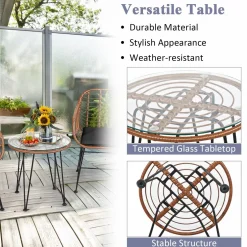 3 Pieces Patio Conversation Bistro Set, Outdoor Wicker Furniture w/Round Tempered Glass Top Table & 2 Rattan Armchairs