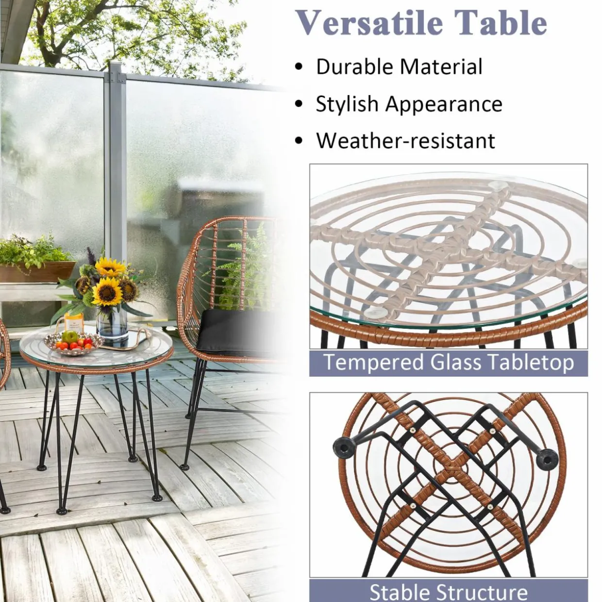 3 Pieces Patio Conversation Bistro Set, Outdoor Wicker Furniture w/Round Tempered Glass Top Table & 2 Rattan Armchairs