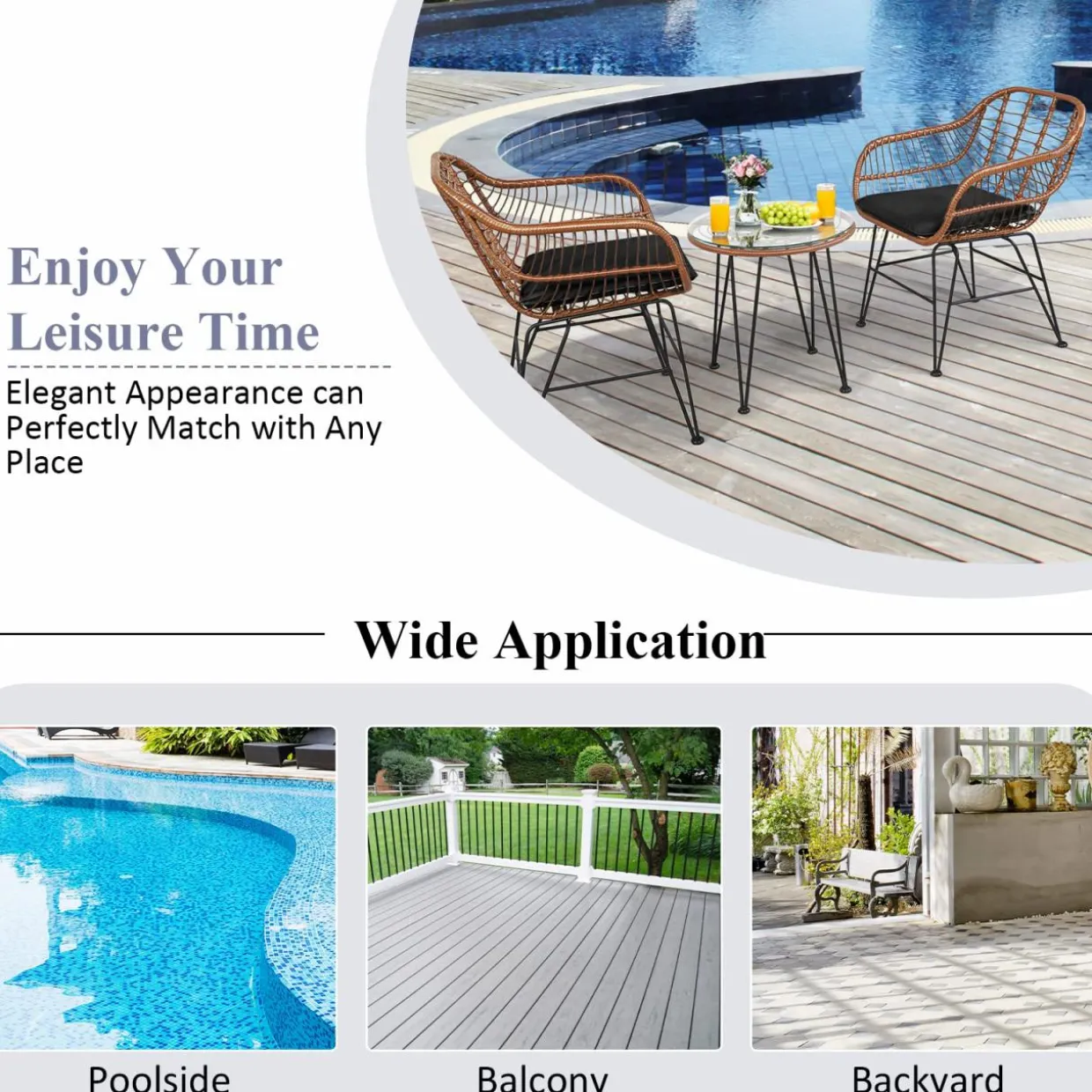 3 Pieces Patio Conversation Bistro Set, Outdoor Wicker Furniture w/Round Tempered Glass Top Table & 2 Rattan Armchairs