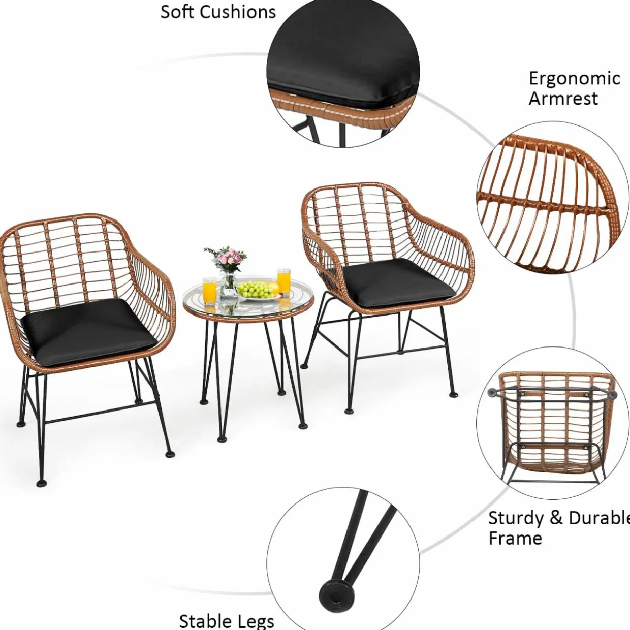 3 Pieces Patio Conversation Bistro Set, Outdoor Wicker Furniture w/Round Tempered Glass Top Table & 2 Rattan Armchairs