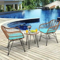 3 Pieces Patio Conversation Bistro Set, Outdoor Wicker Furniture w/Round Tempered Glass Top Table & 2 Rattan Armchairs