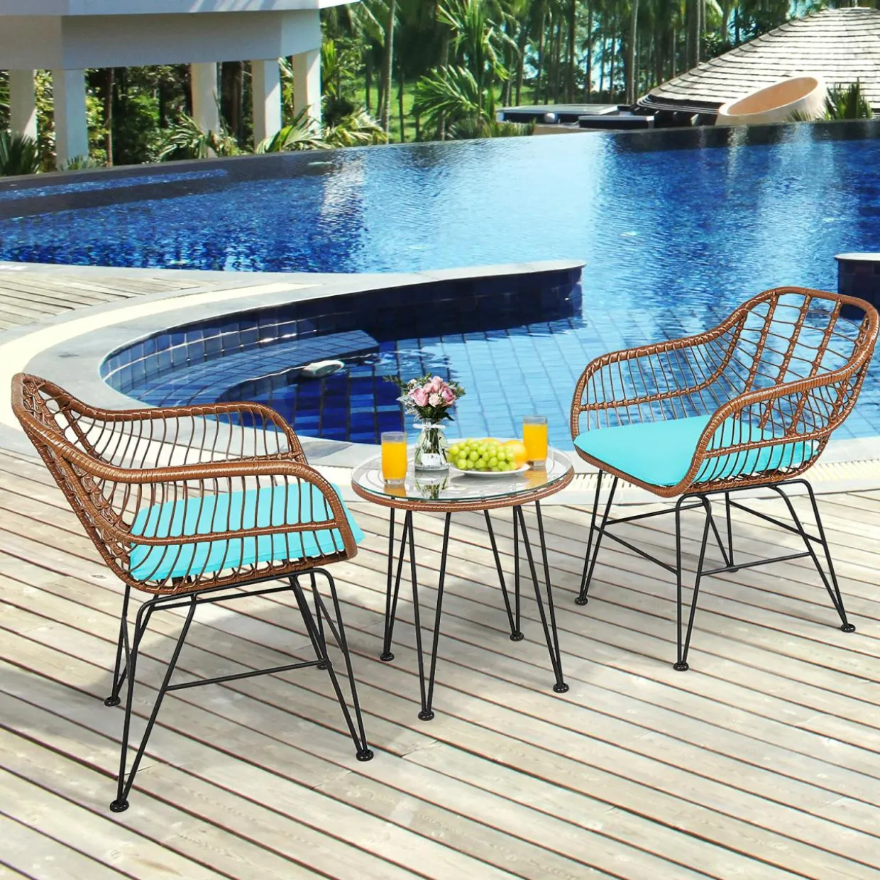 3 Pieces Patio Conversation Bistro Set, Outdoor Wicker Furniture w/Round Tempered Glass Top Table & 2 Rattan Armchairs
