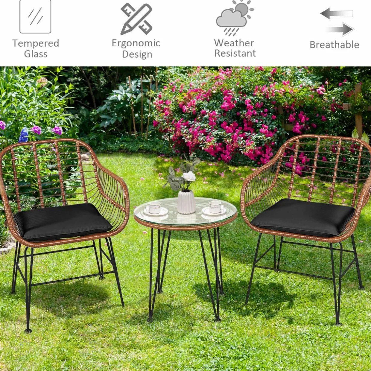 3 Pieces Patio Conversation Bistro Set, Outdoor Wicker Furniture w/Round Tempered Glass Top Table & 2 Rattan Armchairs