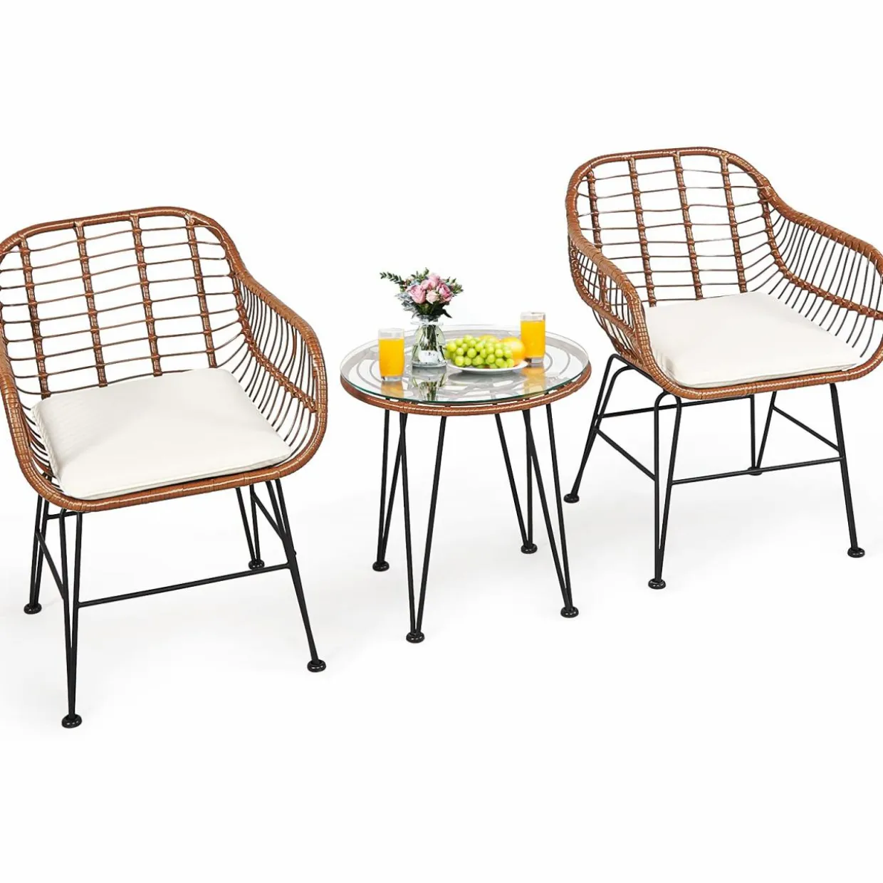 3 Pieces Patio Conversation Bistro Set, Outdoor Wicker Furniture w/Round Tempered Glass Top Table & 2 Rattan Armchairs