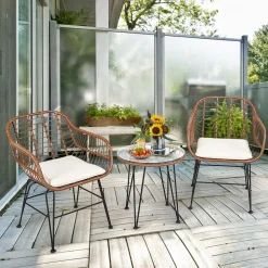 3 Pieces Patio Conversation Bistro Set, Outdoor Wicker Furniture w/Round Tempered Glass Top Table & 2 Rattan Armchairs