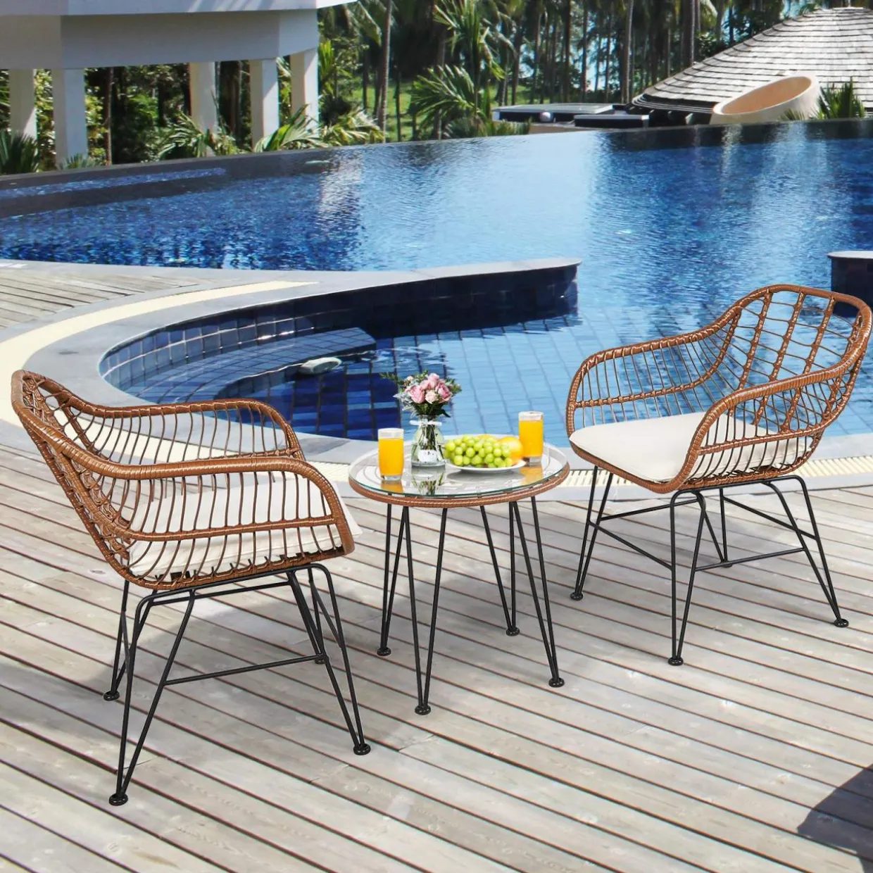 3 Pieces Patio Conversation Bistro Set, Outdoor Wicker Furniture w/Round Tempered Glass Top Table & 2 Rattan Armchairs
