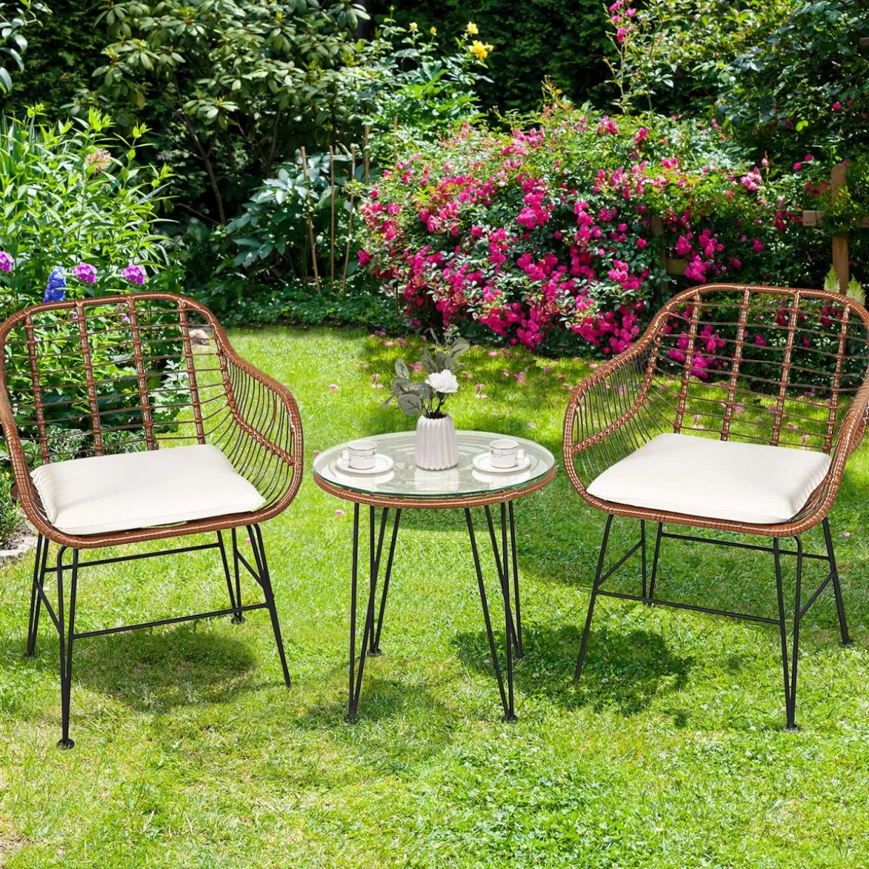 3 Pieces Patio Conversation Bistro Set, Outdoor Wicker Furniture w/Round Tempered Glass Top Table & 2 Rattan Armchairs