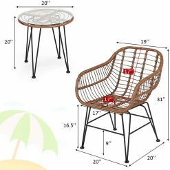 3 Pieces Patio Conversation Bistro Set, Outdoor Wicker Furniture w/Round Tempered Glass Top Table & 2 Rattan Armchairs