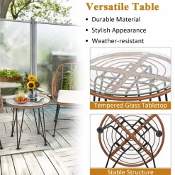 3 Pieces Patio Conversation Bistro Set, Outdoor Wicker Furniture w/Round Tempered Glass Top Table & 2 Rattan Armchairs