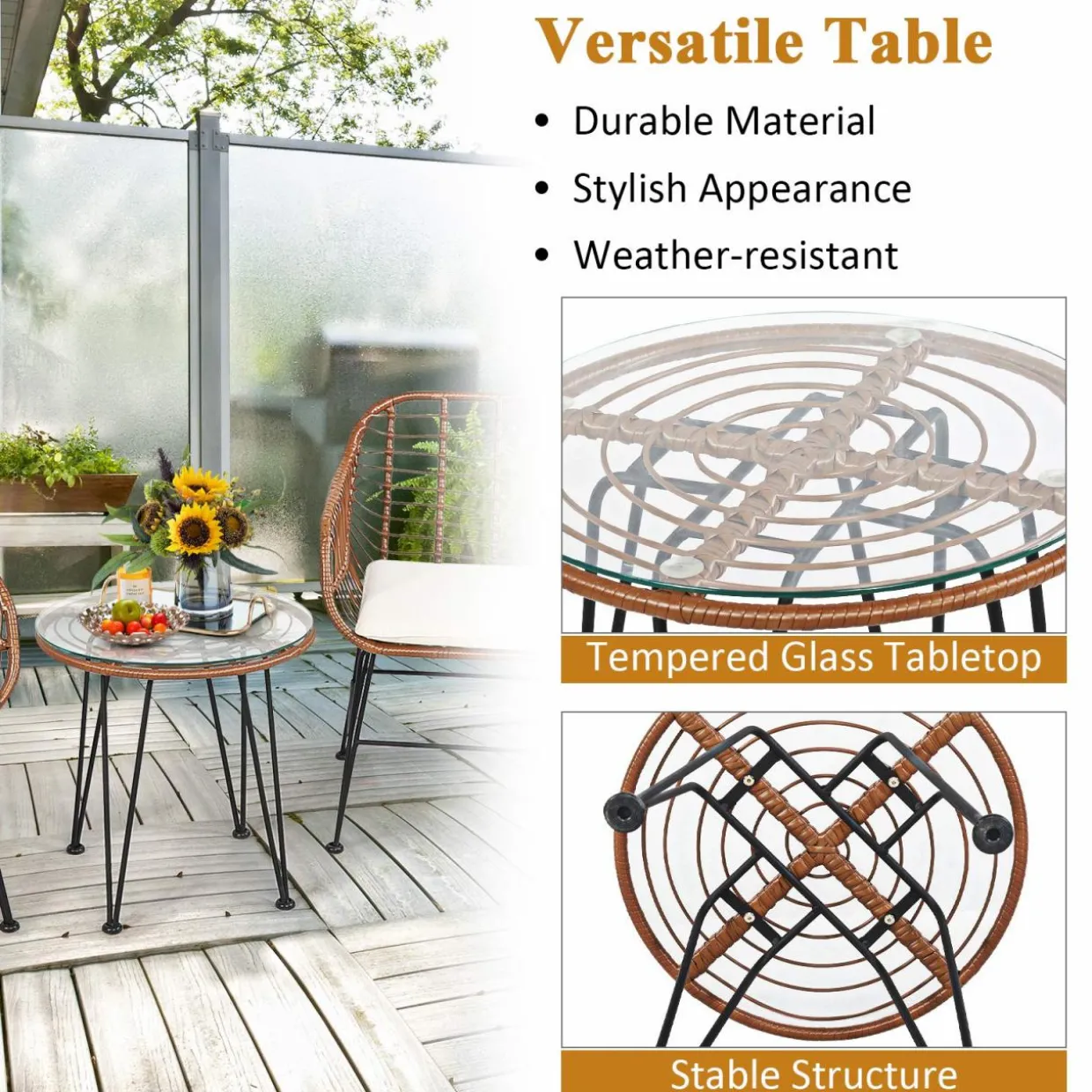 3 Pieces Patio Conversation Bistro Set, Outdoor Wicker Furniture w/Round Tempered Glass Top Table & 2 Rattan Armchairs