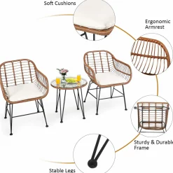 3 Pieces Patio Conversation Bistro Set, Outdoor Wicker Furniture w/Round Tempered Glass Top Table & 2 Rattan Armchairs