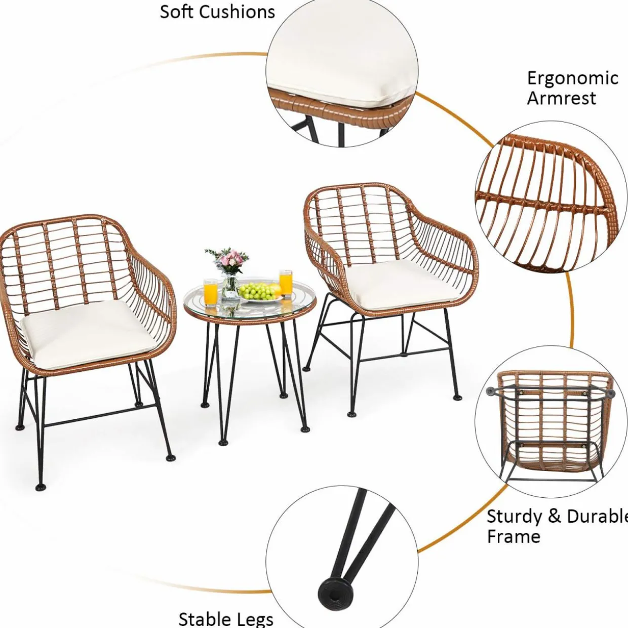 3 Pieces Patio Conversation Bistro Set, Outdoor Wicker Furniture w/Round Tempered Glass Top Table & 2 Rattan Armchairs