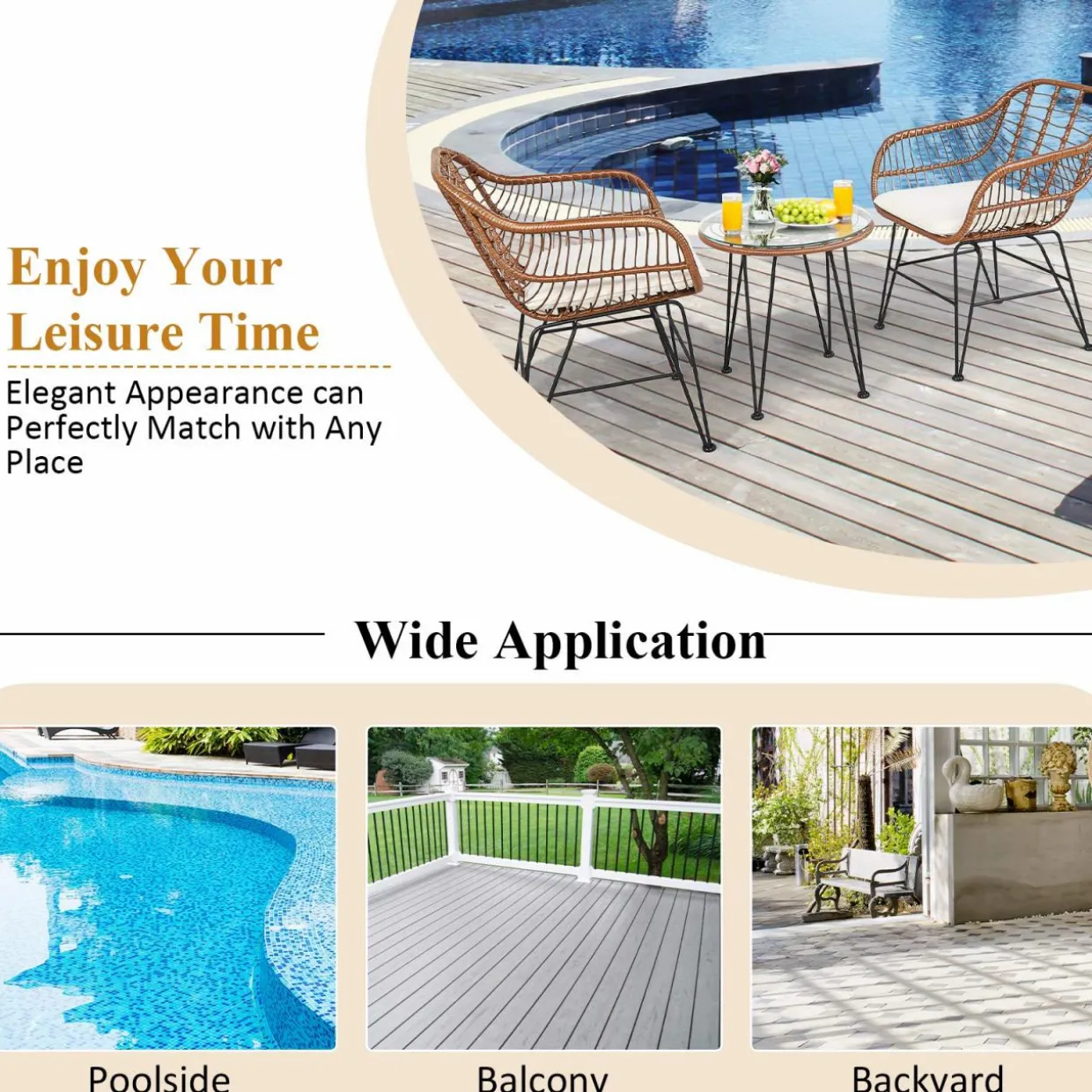 3 Pieces Patio Conversation Bistro Set, Outdoor Wicker Furniture w/Round Tempered Glass Top Table & 2 Rattan Armchairs