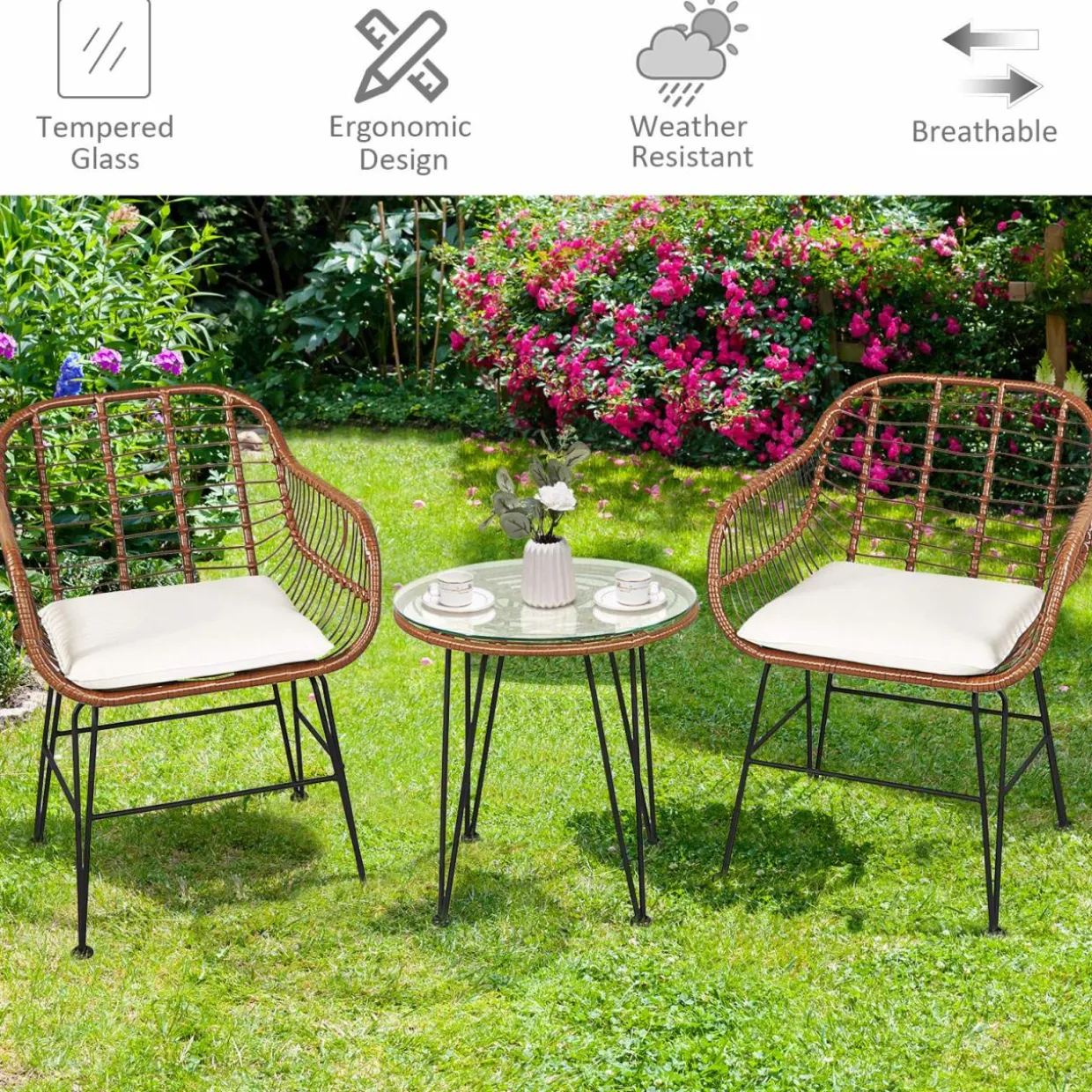 3 Pieces Patio Conversation Bistro Set, Outdoor Wicker Furniture w/Round Tempered Glass Top Table & 2 Rattan Armchairs