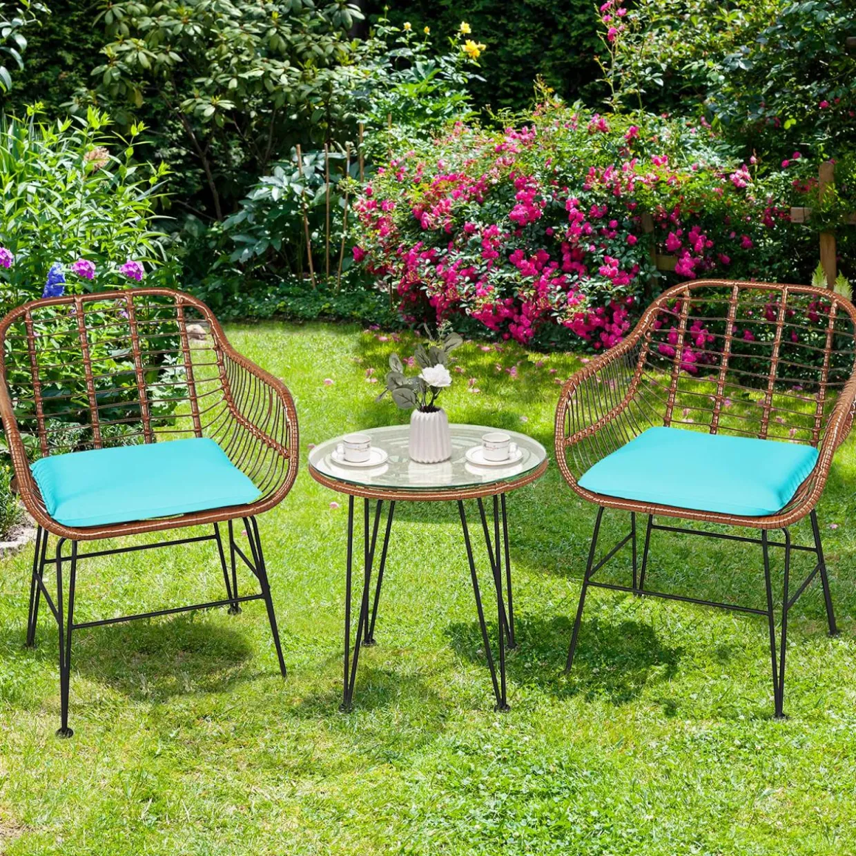 3 Pieces Patio Conversation Bistro Set, Outdoor Wicker Furniture w/Round Tempered Glass Top Table & 2 Rattan Armchairs