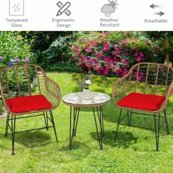 3 Pieces Patio Conversation Bistro Set, Outdoor Wicker Furniture w/Round Tempered Glass Top Table & 2 Rattan Armchairs
