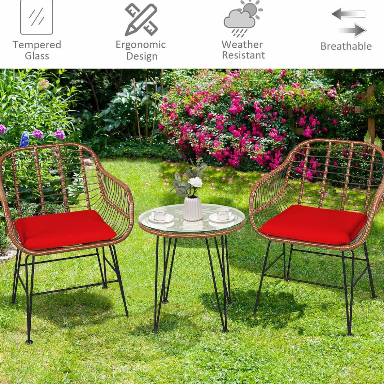 3 Pieces Patio Conversation Bistro Set, Outdoor Wicker Furniture w/Round Tempered Glass Top Table & 2 Rattan Armchairs