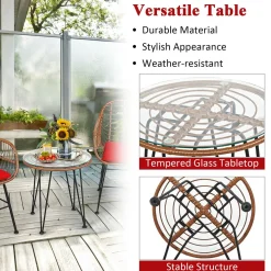 3 Pieces Patio Conversation Bistro Set, Outdoor Wicker Furniture w/Round Tempered Glass Top Table & 2 Rattan Armchairs