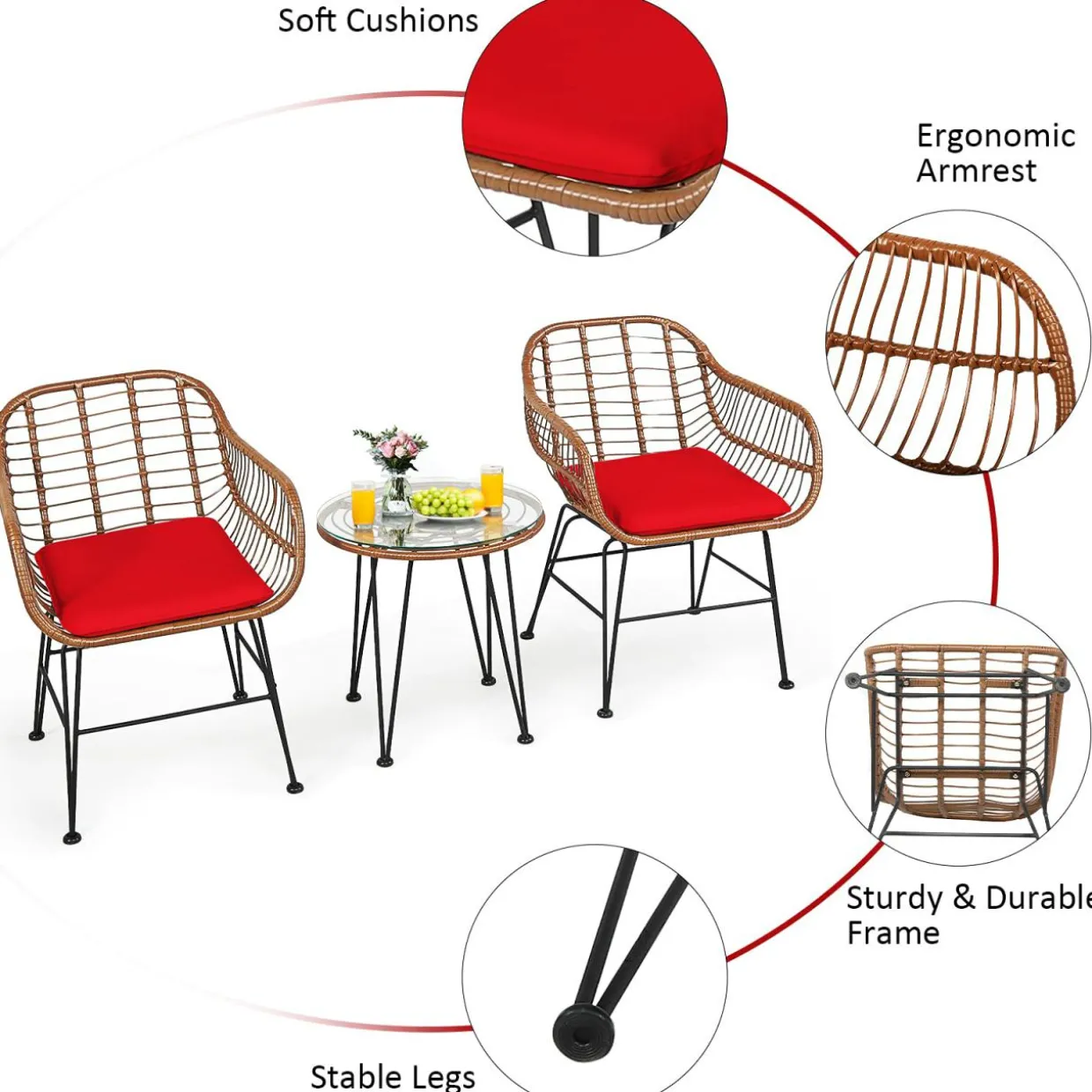 3 Pieces Patio Conversation Bistro Set, Outdoor Wicker Furniture w/Round Tempered Glass Top Table & 2 Rattan Armchairs