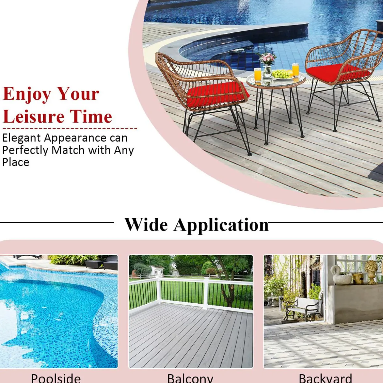 3 Pieces Patio Conversation Bistro Set, Outdoor Wicker Furniture w/Round Tempered Glass Top Table & 2 Rattan Armchairs